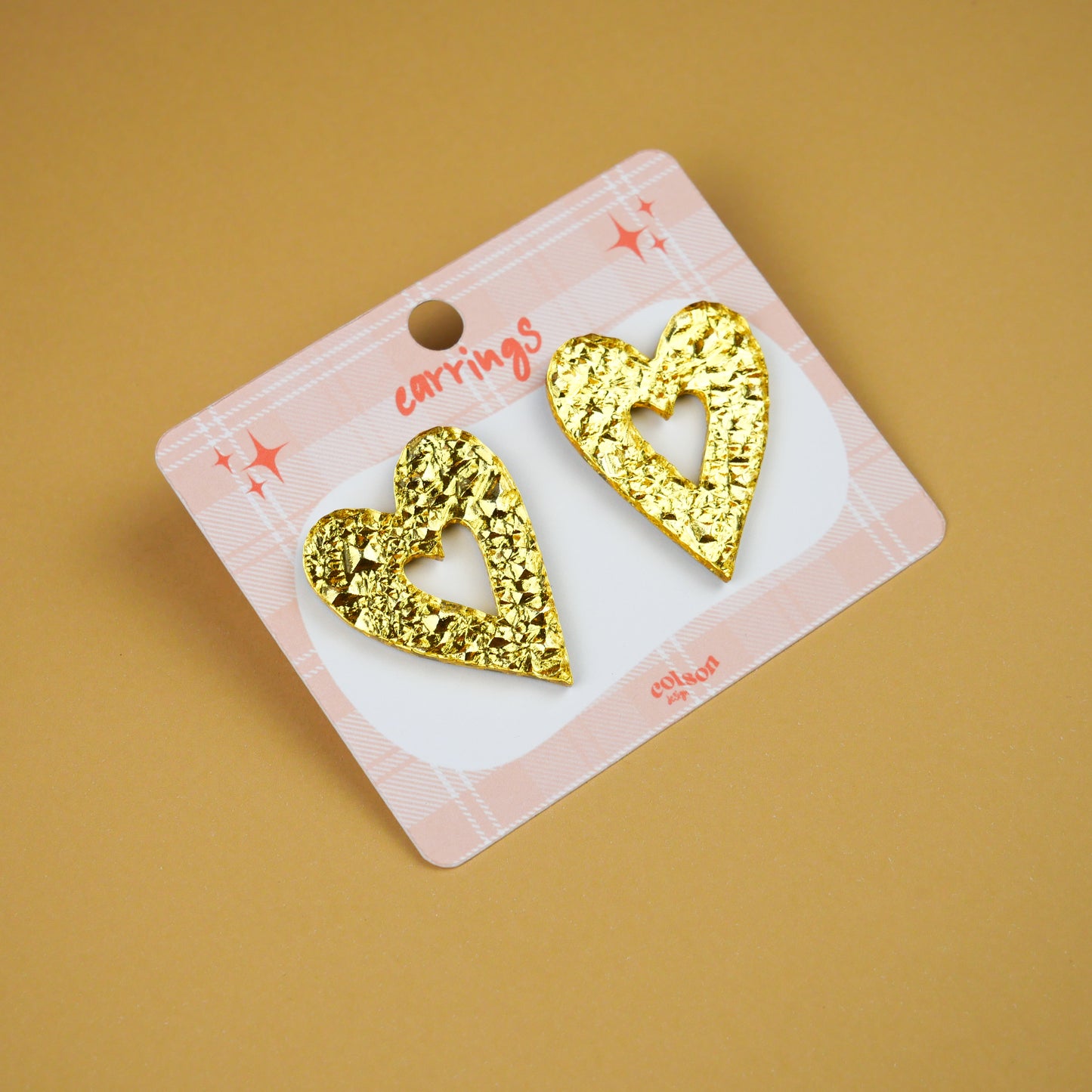 LONG HEART STUDS - gold texture
