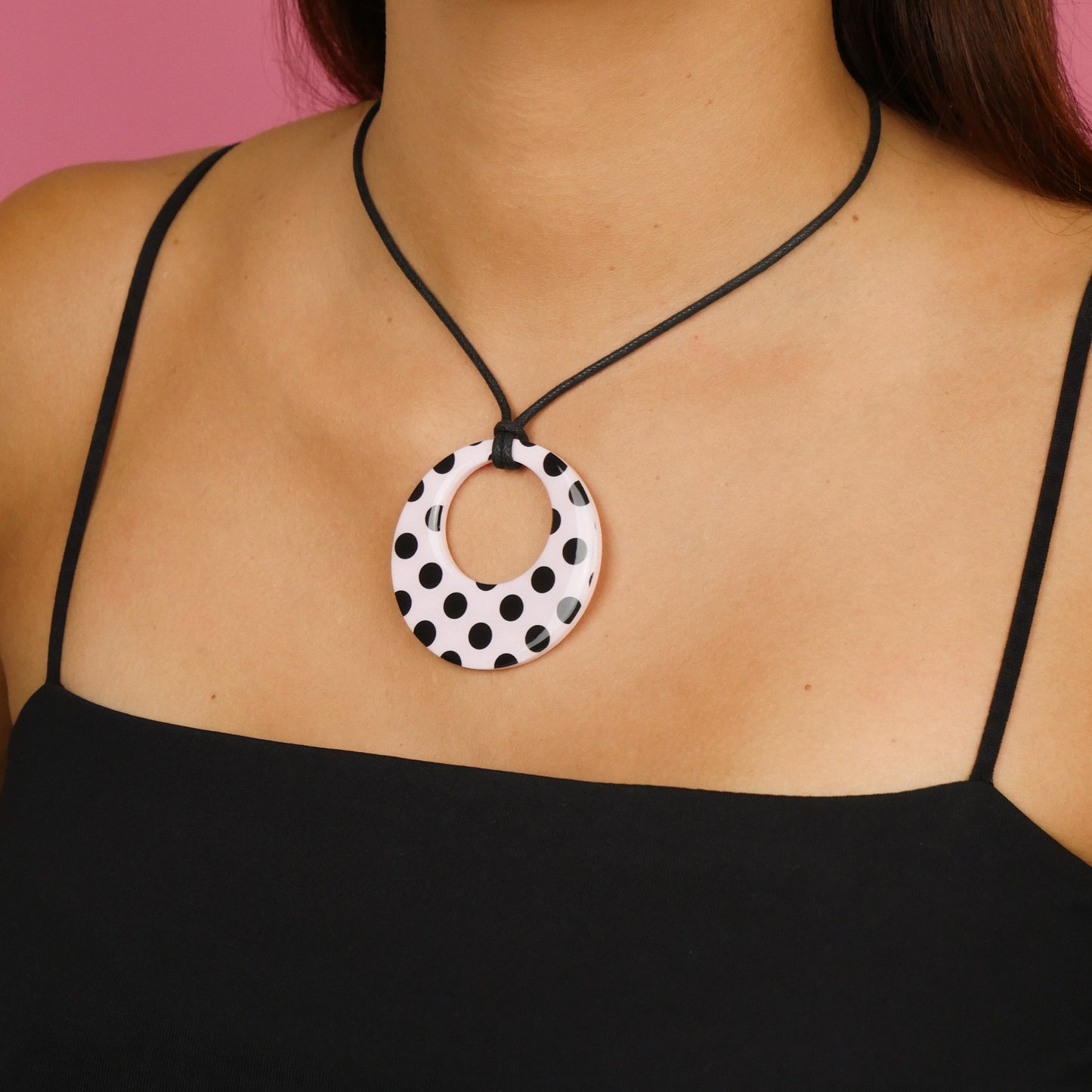 ROUND PENDANT necklace - pink polka dot