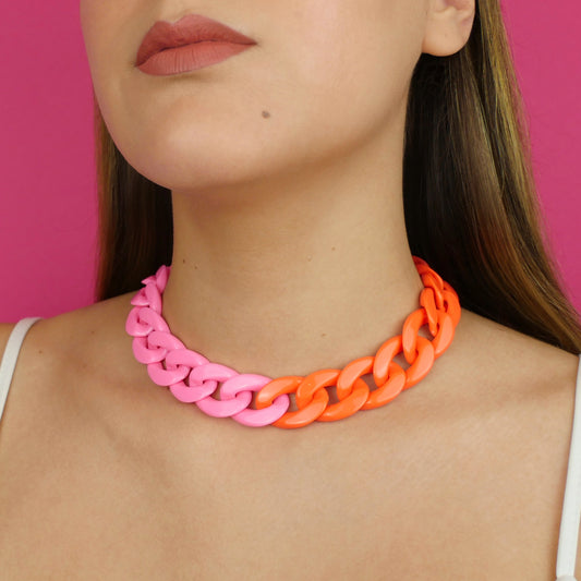 COLLIER CHAÎNE ACRYLIQUE - orange & rose