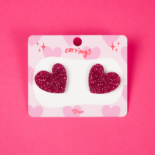 CHUNKY HEART STUDS - hot pink glitter