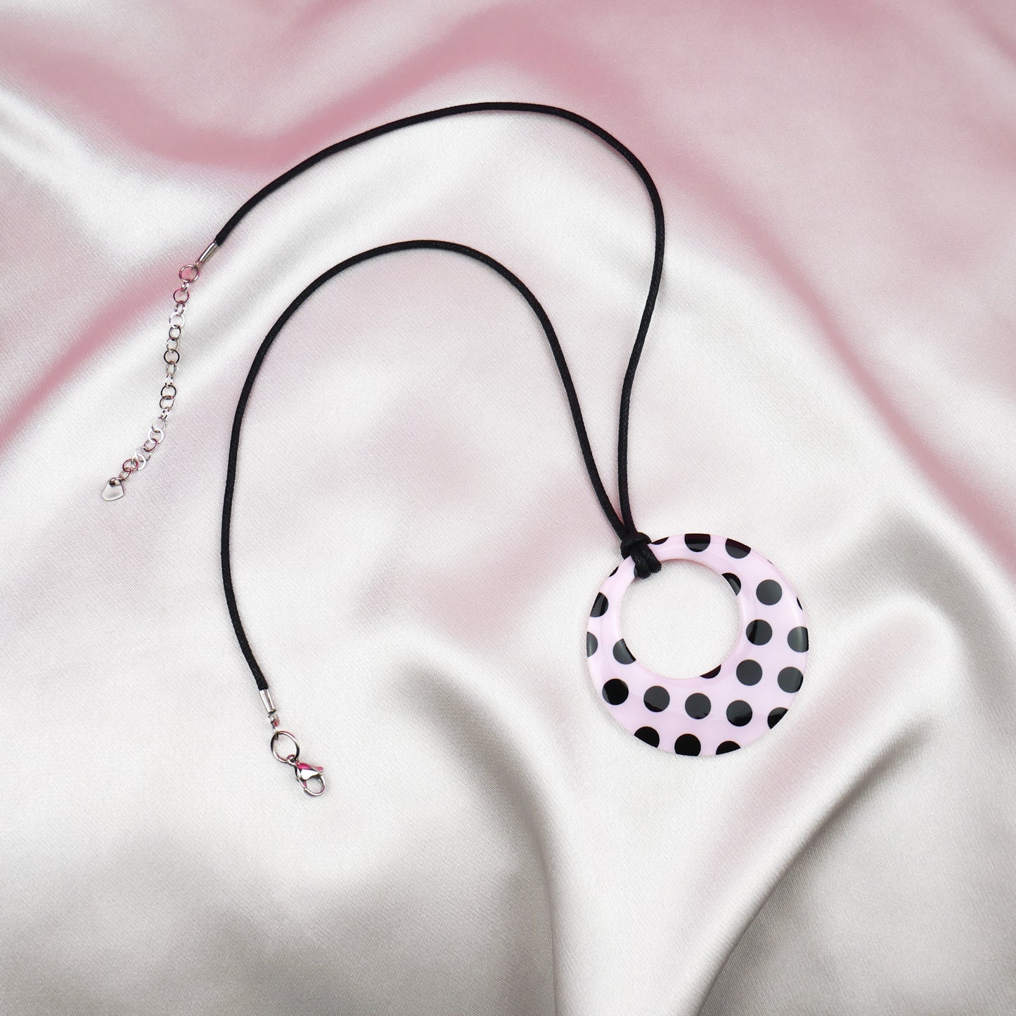 ROUND PENDANT necklace - pink polka dot