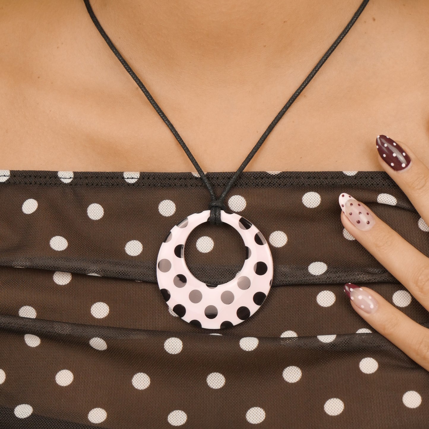 ROUND PENDANT necklace - pink polka dot