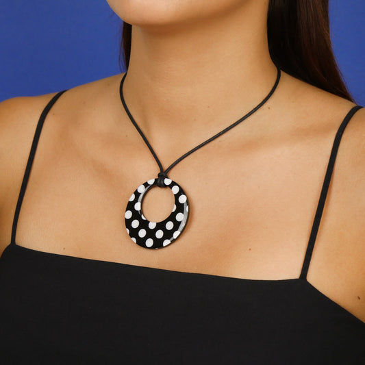 ROUND PENDANT necklace - black polka dot